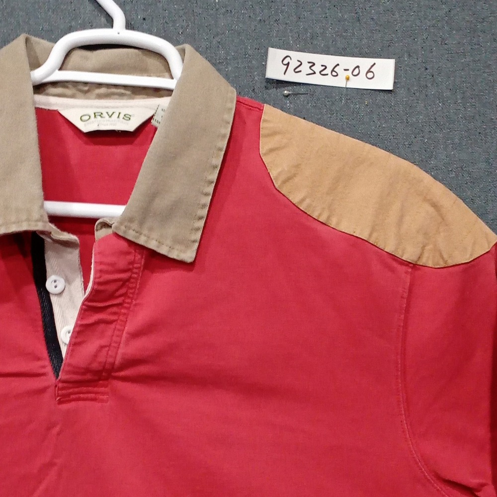 Orvis Mens XL Red Long Sleeve Polo Shirt Cotton Shooting Patches Outdoor Rugged - Picture 2 of 9